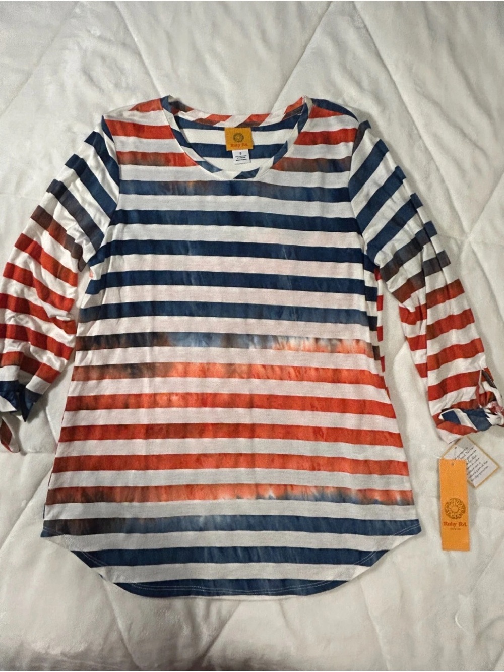 Ruby Rd. Womens Top Round Neck 3/4 Slv Navy Blue, Orange, White Stripe Small NWT
